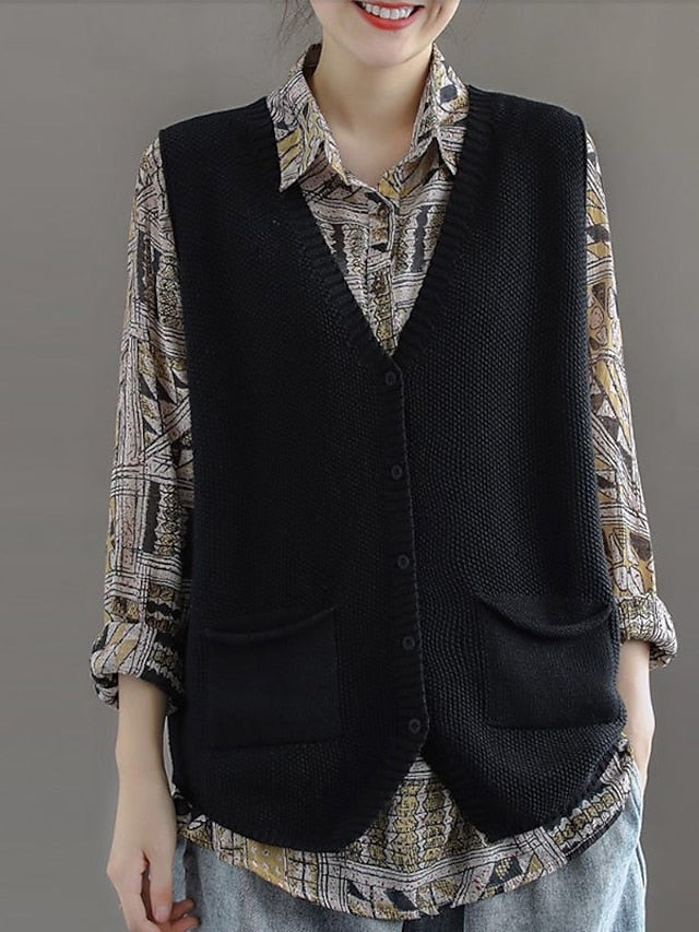 Women's Sweater Vest V Neck Knit Cotton Blend Pocket Knitted Spring Fall Daily Basic Casual Sleeveless Solid Color Black Brown khaki S M L