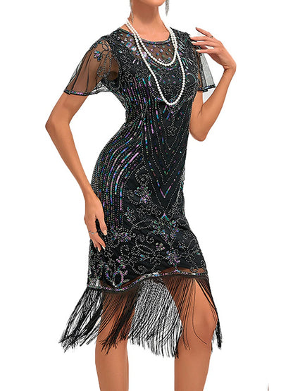 Women's Sequins Tassel Fringe Sequin Dress Midi Dress Elegant Floral Crewneck Short Sleeve Party Halloween Spring Fall Silver Black