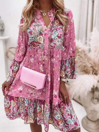 Women's Shift Dress BohoÂ Dress Knee Length Dress Pink Long Sleeve Floral Ruffle Smocked Print Summer Spring V Neck Boho Casual Flare Cuff Sleeve 2023 4XL - LuckyFash™