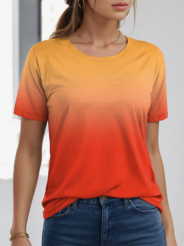 Women's T shirt Tee Ombre Color Gradient Daily Vacation Going out Print Yellow Short Sleeve Fashion Round Neck Summer