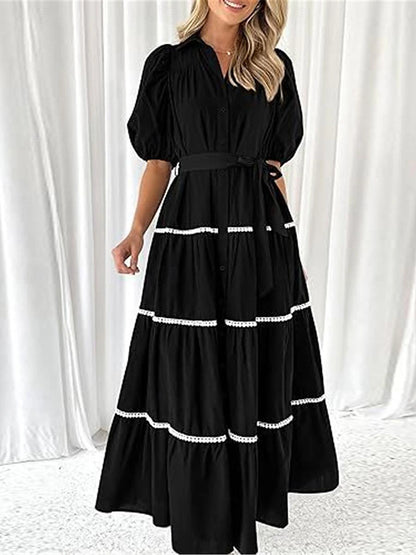 Women's White Dress Casual Dress Swing Dress Maxi Dress Lace up Button Date Vacation Streetwear Maxi Shirt Collar Half Sleeve Black White Pink Color