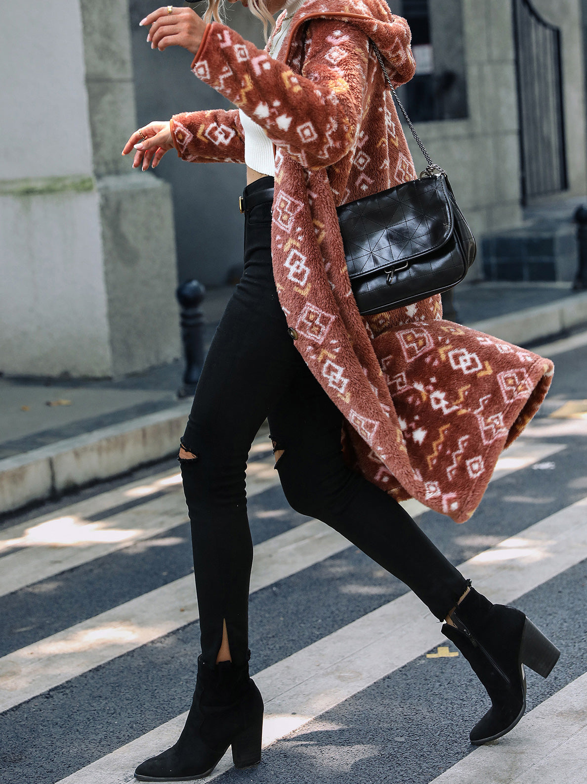 Women's Coats Geometric Print Single Breasted Hood Plush Coats - LuckyFash™