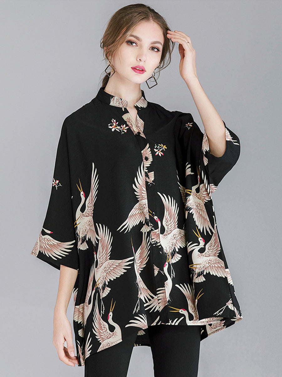 Blouses Crane Print Loose Oversized Blouse - LuckyFash™