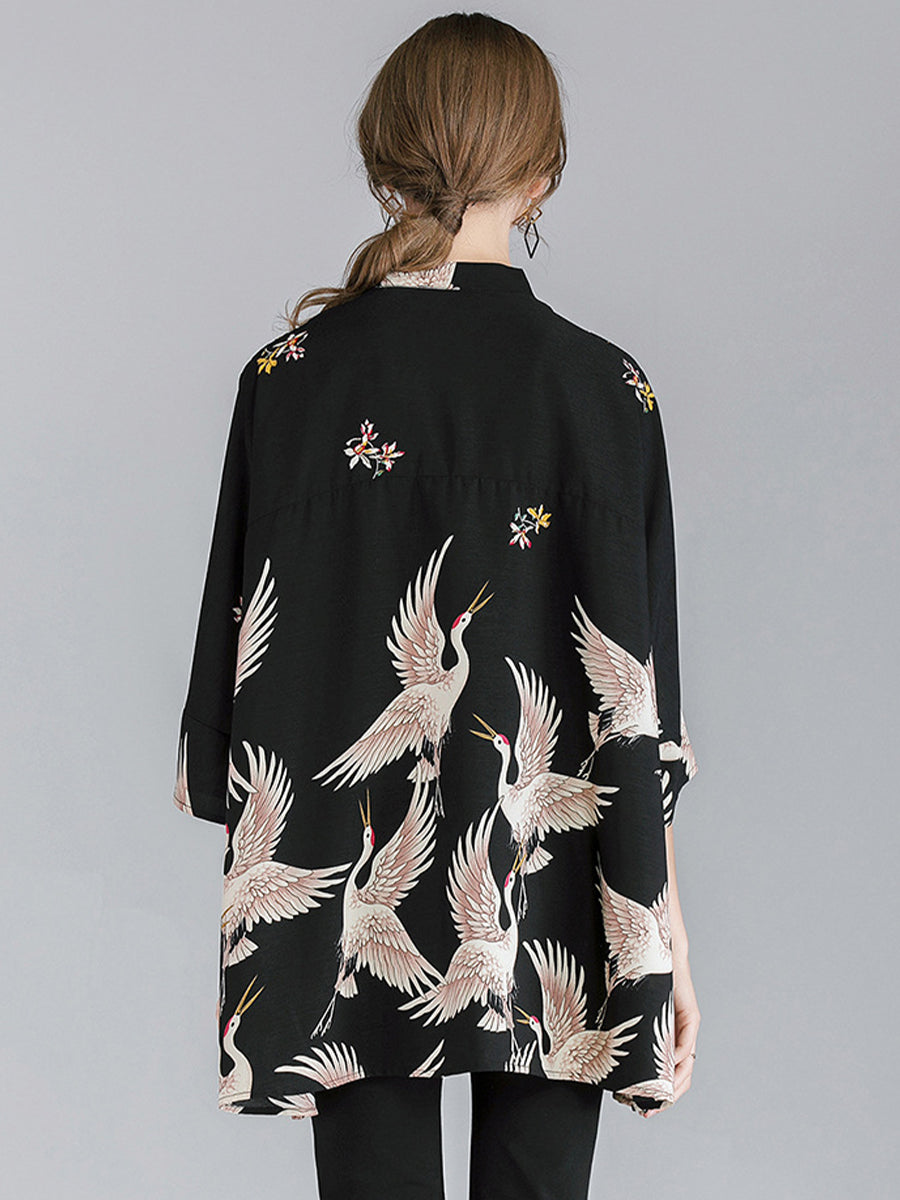 Blouses Crane Print Loose Oversized Blouse - LuckyFash™