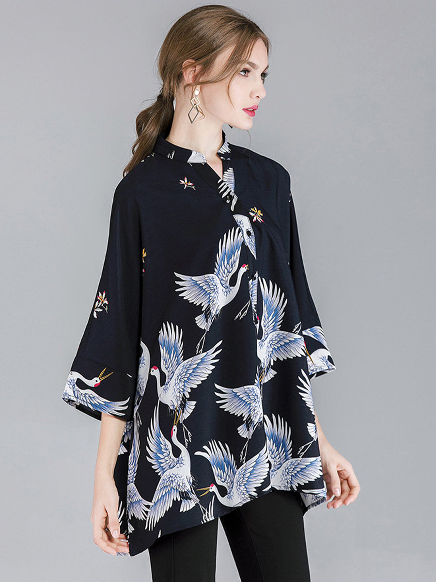 Blouses Crane Print Loose Oversized Blouse - LuckyFash™