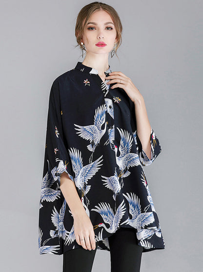 Blouses Crane Print Loose Oversized Blouse - LuckyFash™