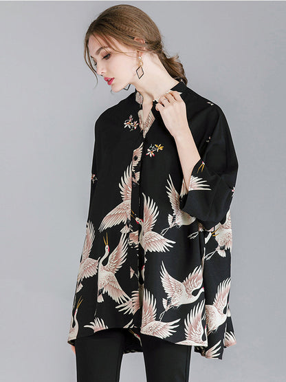 Blouses Crane Print Loose Oversized Blouse - LuckyFash™