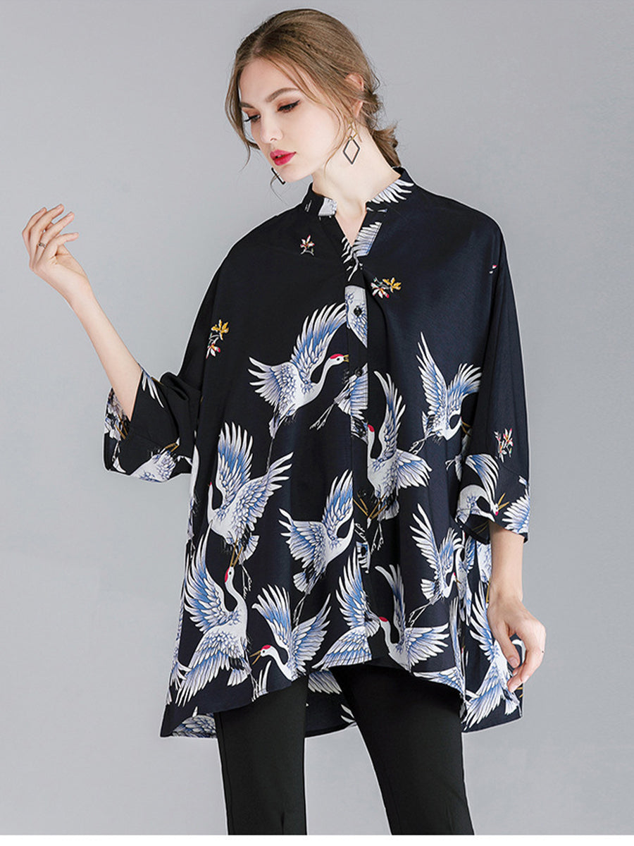 Blouses Crane Print Loose Oversized Blouse - LuckyFash™