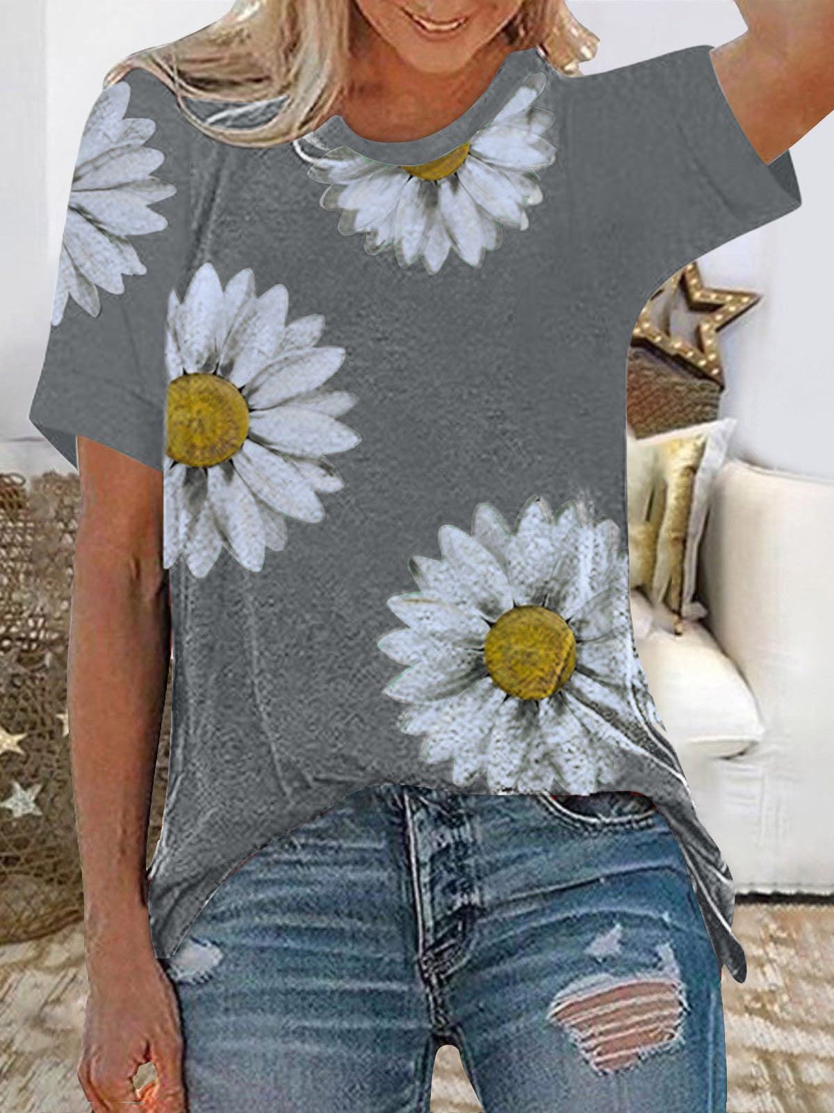 Daisy Print Round Neck Short Sleeve T-Shirt - LuckyFash™