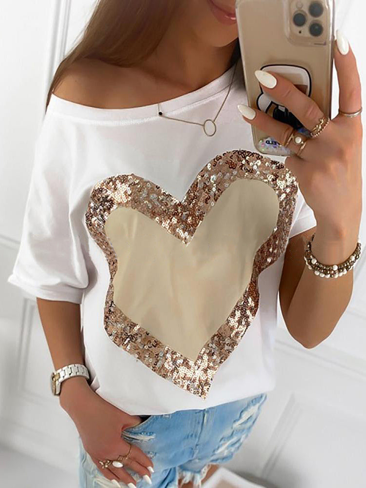 T-Shirts Love Sequins Diagonal Neck Short Sleeve T-Shirt - LuckyFash™