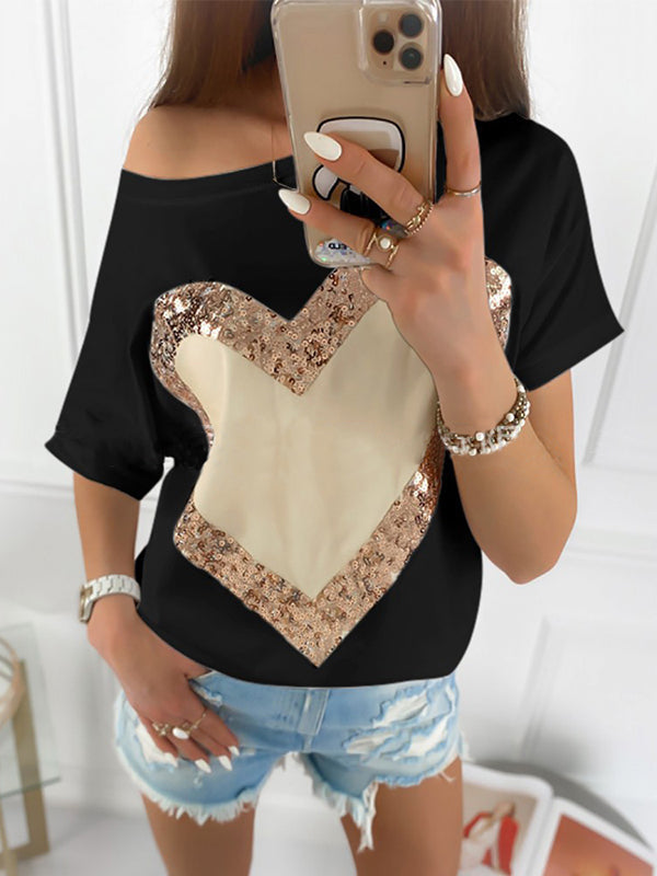 T-Shirts Love Sequins Diagonal Neck Short Sleeve T-Shirt - LuckyFash™