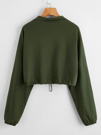 Zip Half Placket Drawstring Hem Crop Pullover - LuckyFash™