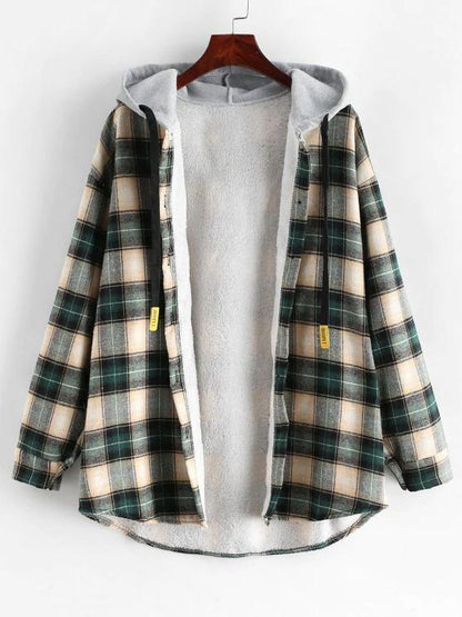 Plaid Buttoned Curved Hem Hooded Coat - LuckyFash™