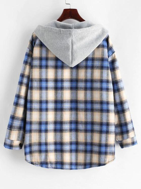 Plaid Buttoned Curved Hem Hooded Coat - LuckyFash™