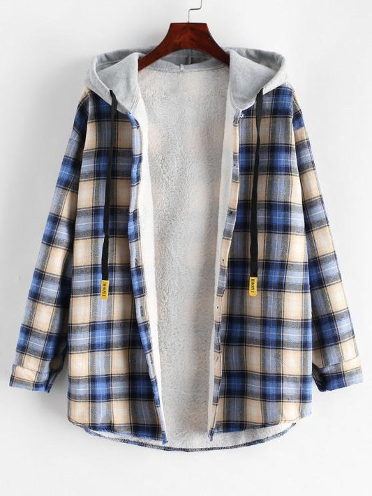 Plaid Buttoned Curved Hem Hooded Coat - LuckyFash™
