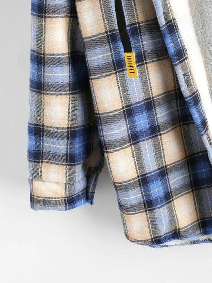 Plaid Buttoned Curved Hem Hooded Coat - LuckyFash™