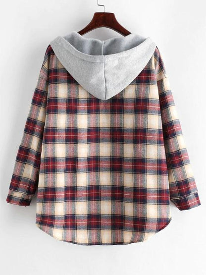 Plaid Buttoned Curved Hem Hooded Coat - LuckyFash™