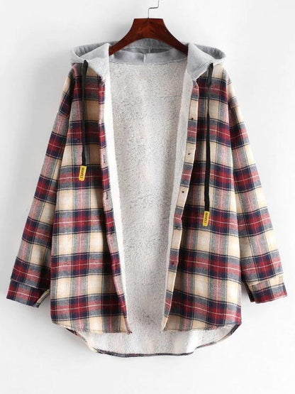 Plaid Buttoned Curved Hem Hooded Coat - LuckyFash™