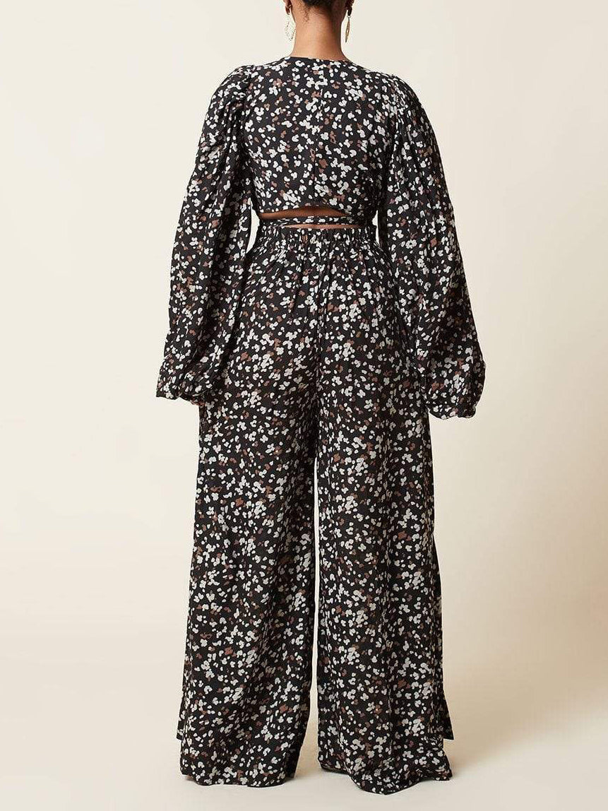 Lace-up Cardigan & Loose Wide-leg Pants Leopard Print Suit - LuckyFash™