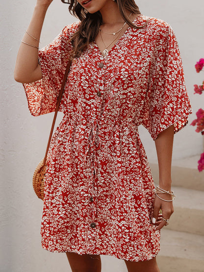 Dresses V-Neck Single-Breasted Button Printed Pattern Floral Mini Dress - LuckyFash™