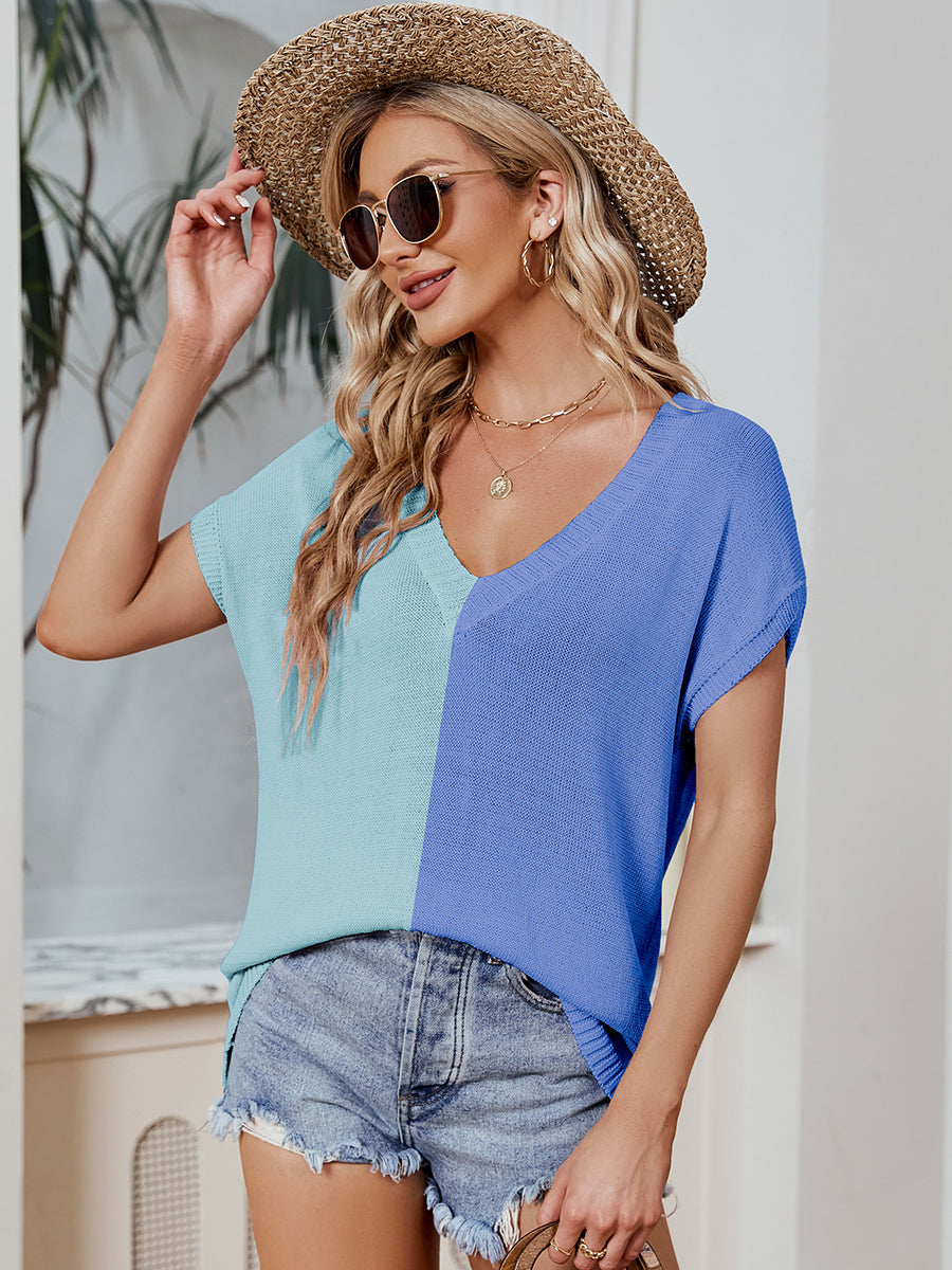 T-Shirts V-Neck Color Contrast Loose Casual T-Shirt - LuckyFash™