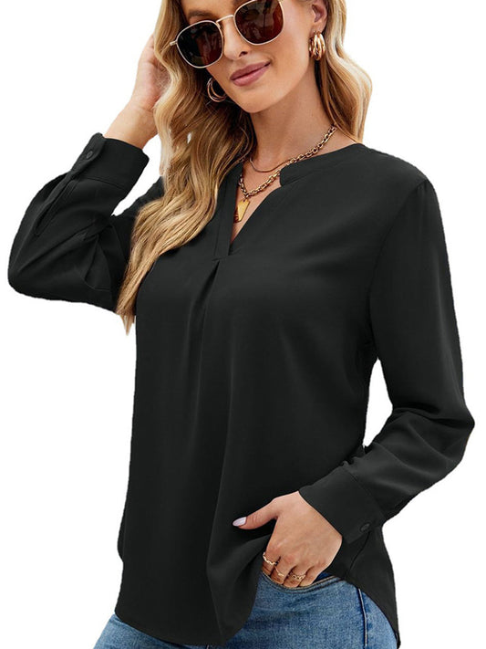 Women’s T-Shirts Solid Color Chiffon Loose V-Neck Long Sleeve T-Shirt - LuckyFash™