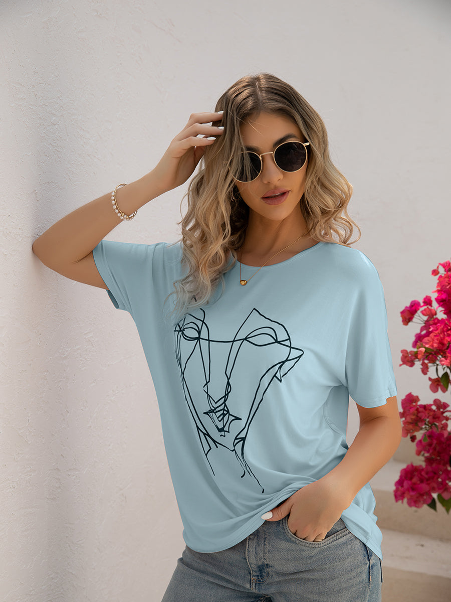 T-Shirts Loose Printed Dolman Sleeve T-Shirt - LuckyFash™