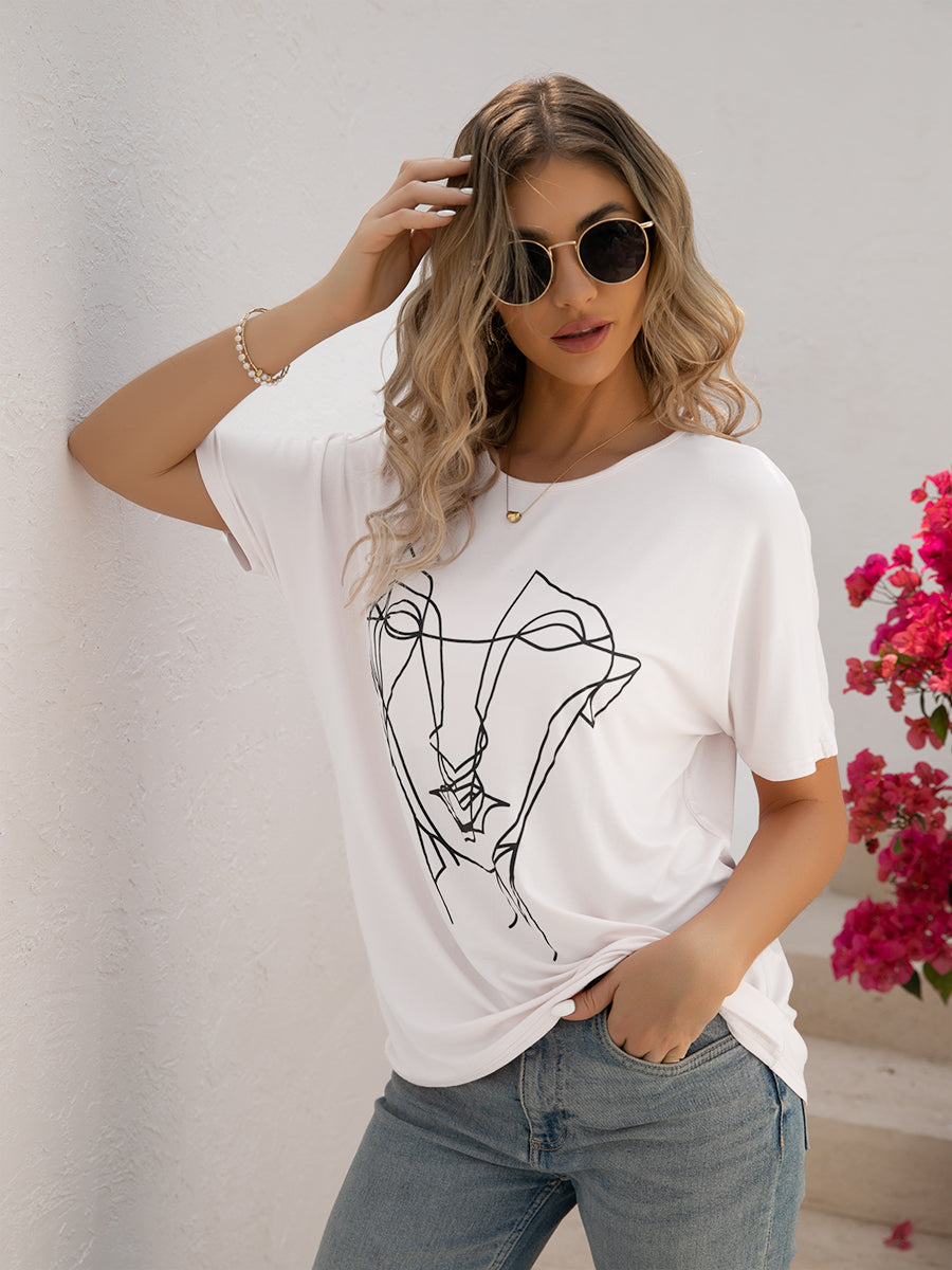 T-Shirts Loose Printed Dolman Sleeve T-Shirt - LuckyFash™