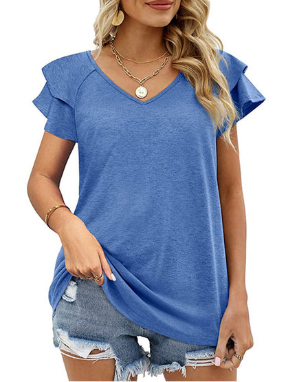 Women’s T-Shirts Solid Color V-Neck Ruffled Sleeves Loose T-Shirt - LuckyFash™