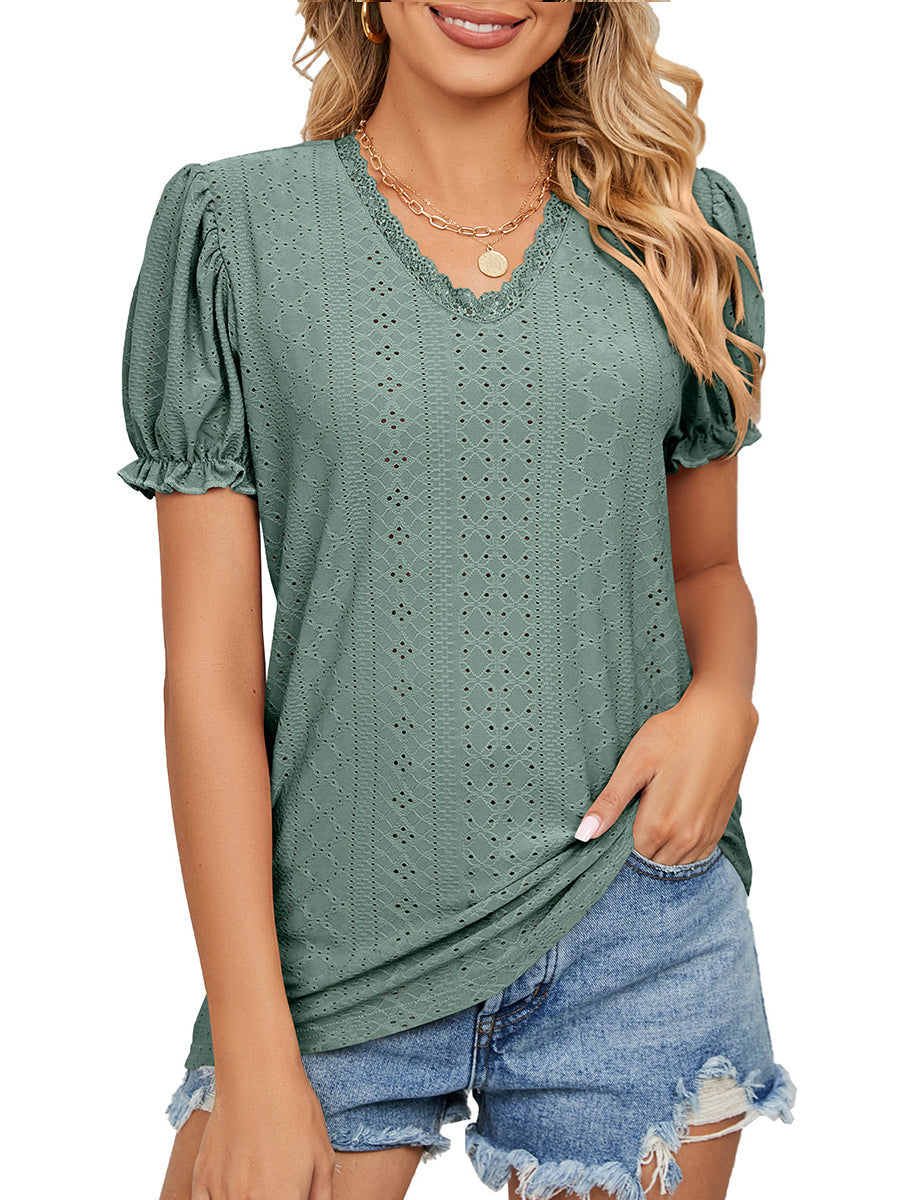 T-Shirts Solid Color Lace Stitching Hollow V-Neck T-Shirt - LuckyFash™