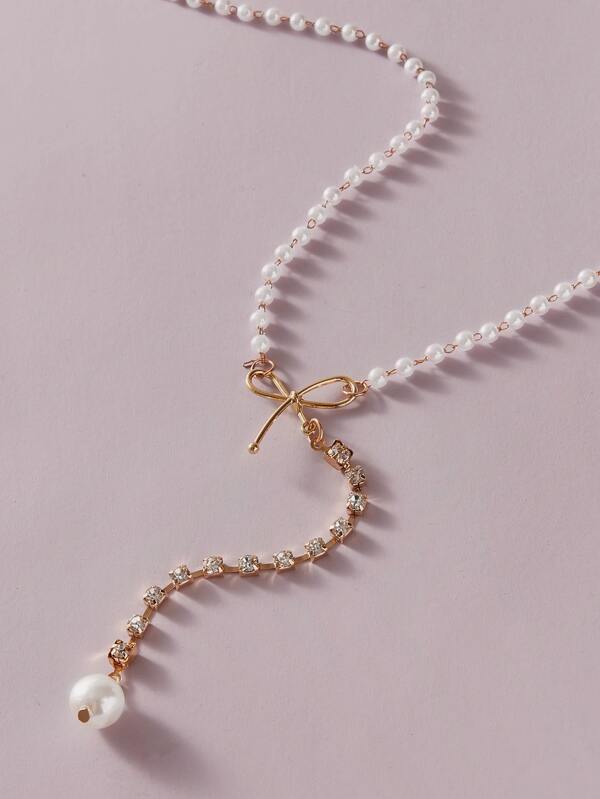 1pc Faux Pearl & Bow Decor Y Lariat Necklace - LuckyFash™