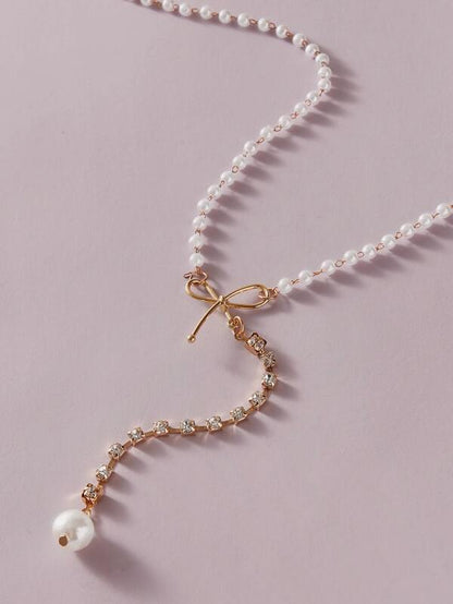 1pc Faux Pearl & Bow Decor Y Lariat Necklace - LuckyFash™