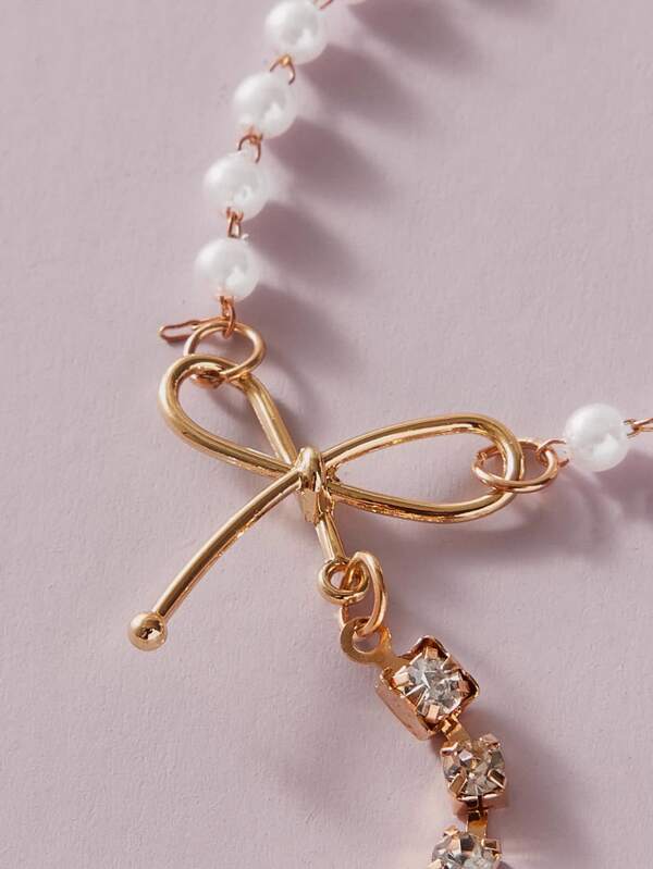 1pc Faux Pearl & Bow Decor Y Lariat Necklace - LuckyFash™