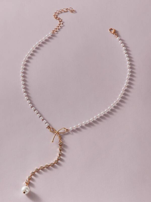 1pc Faux Pearl & Bow Decor Y Lariat Necklace - LuckyFash™