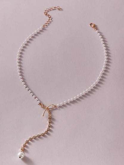 1pc Faux Pearl & Bow Decor Y Lariat Necklace - LuckyFash™