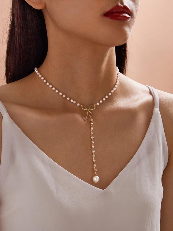 1pc Faux Pearl & Bow Decor Y Lariat Necklace - LuckyFash™