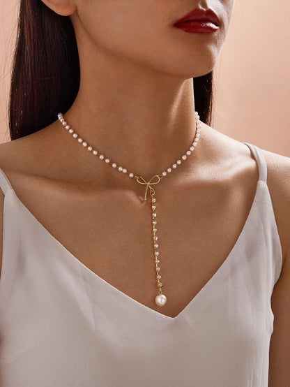 1pc Faux Pearl & Bow Decor Y Lariat Necklace - LuckyFash™