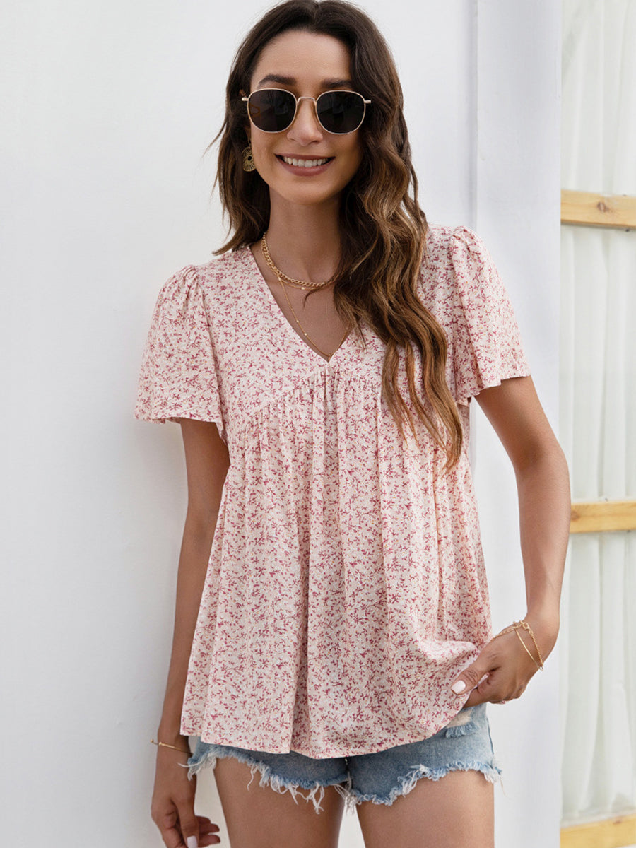 Women’s T-Shirts V-Neck Floral Printed Pattern Short Sleeve Loose Casual T-Shirt - LuckyFash™