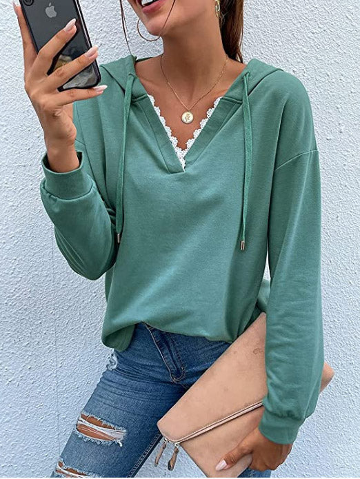 Women's Hoodies Casual Lace V-Neck Long Sleeve Hoodie - LuckyFash™