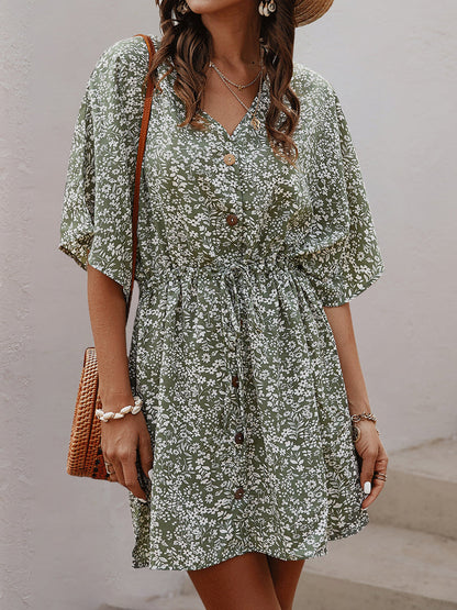 Dresses V-Neck Single-Breasted Button Printed Pattern Floral Mini Dress - LuckyFash™