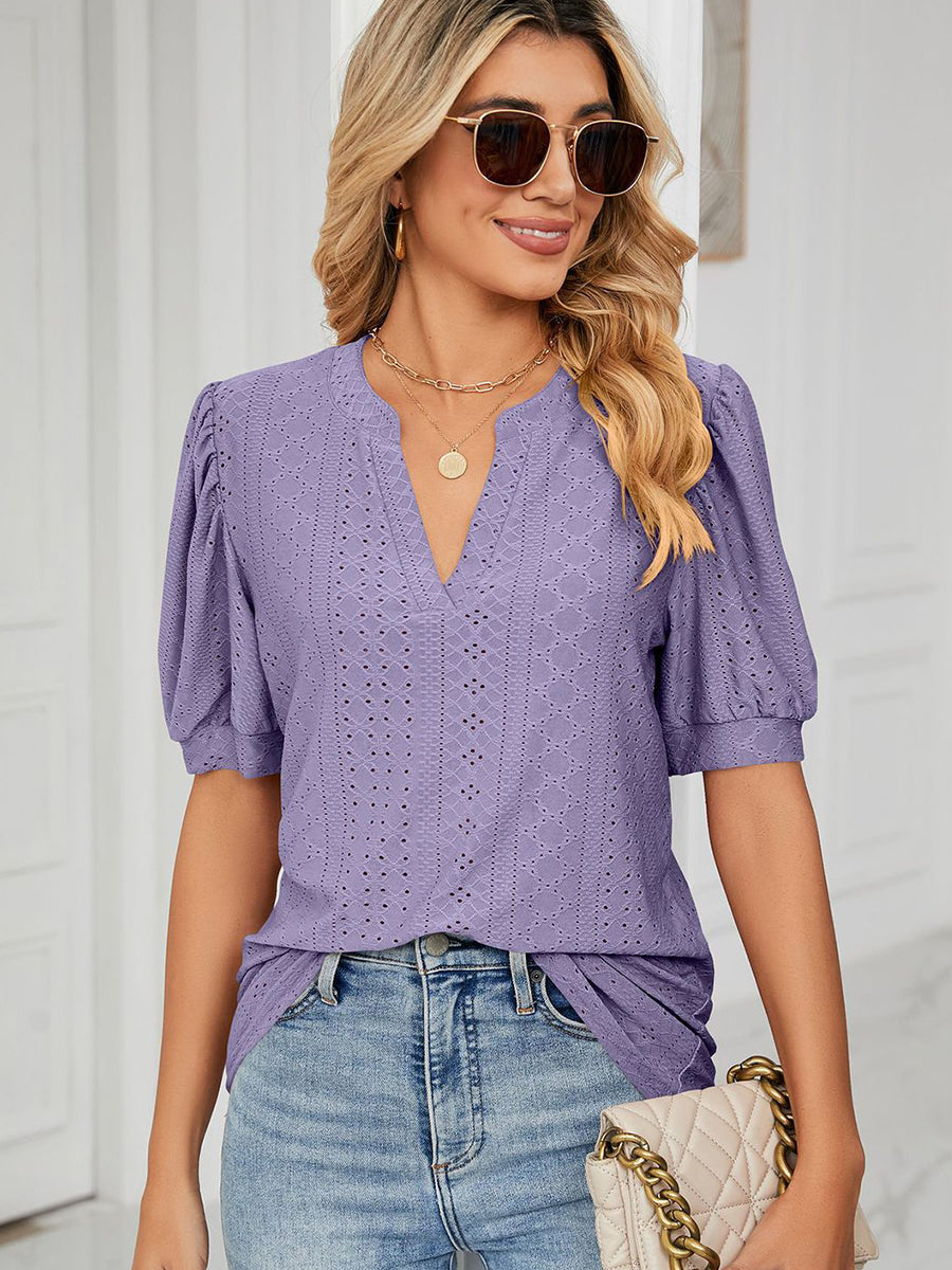 T Shirts Casual V Neck Hollow Puff Sleeve Loose T Shirt - LuckyFash™