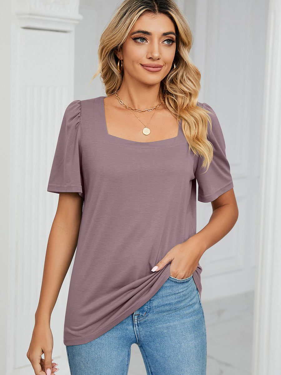 T-Shirts Solid Square Neck Short Sleeve Loose T-Shirt - LuckyFash™