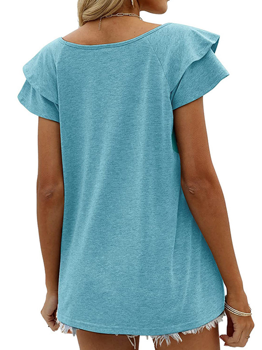 Women’s T-Shirts Solid Color V-Neck Ruffled Sleeves Loose T-Shirt - LuckyFash™