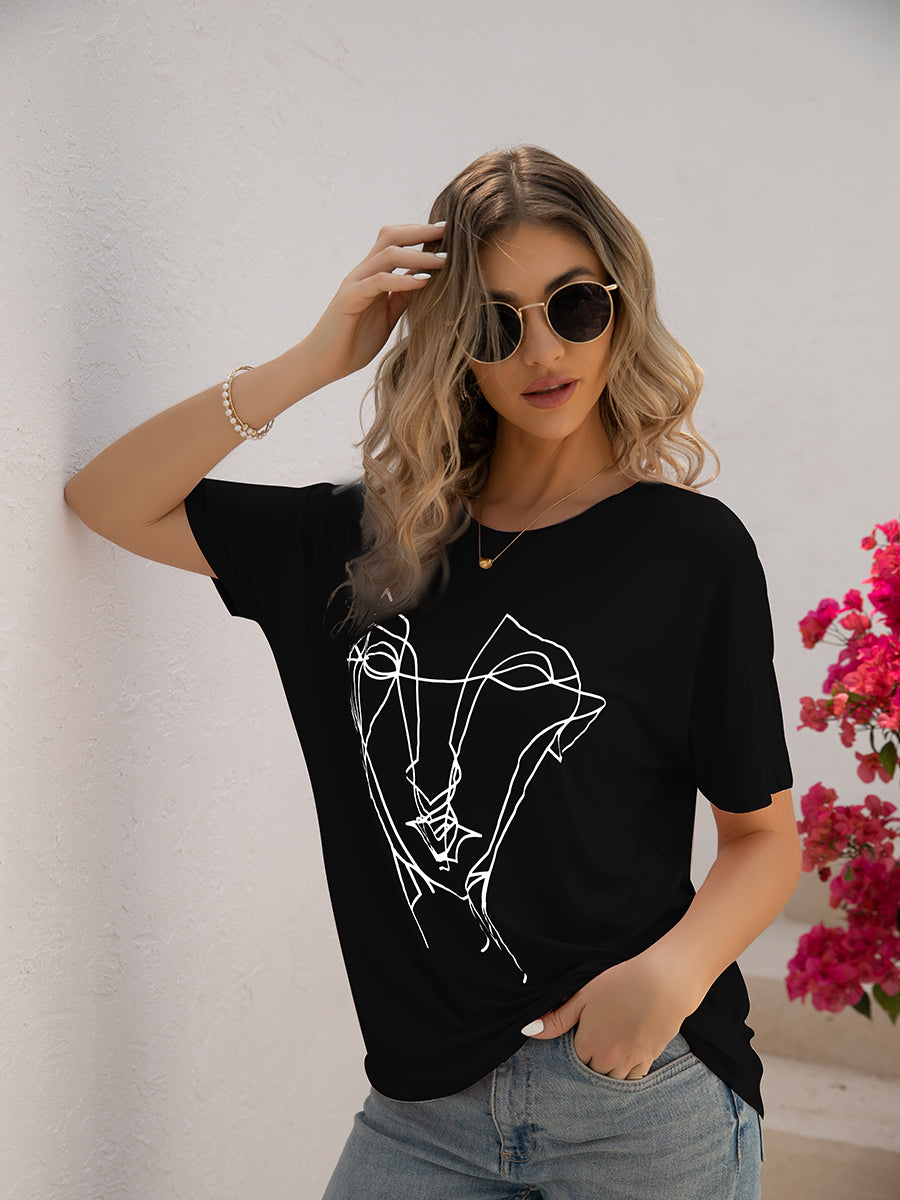 T-Shirts Loose Printed Dolman Sleeve T-Shirt - LuckyFash™