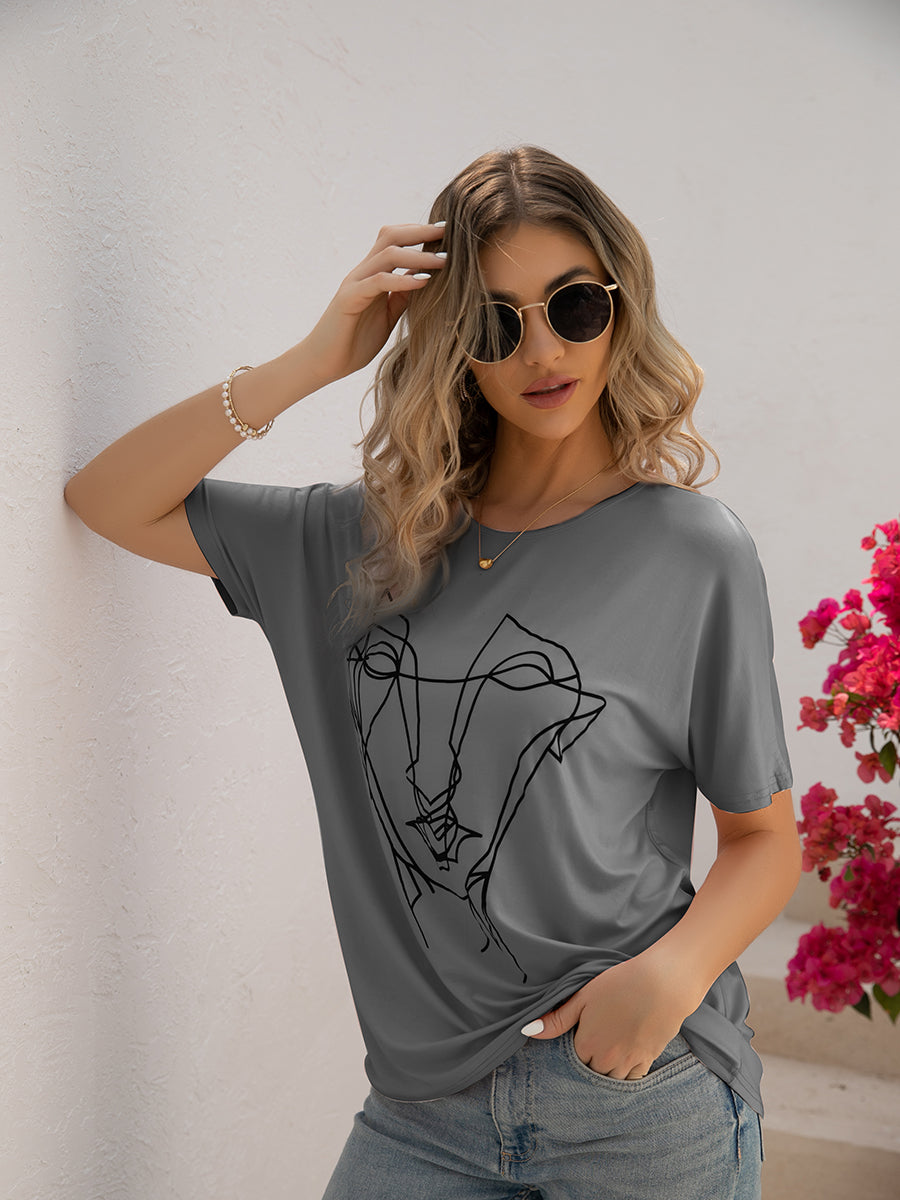 T-Shirts Loose Printed Dolman Sleeve T-Shirt - LuckyFash™