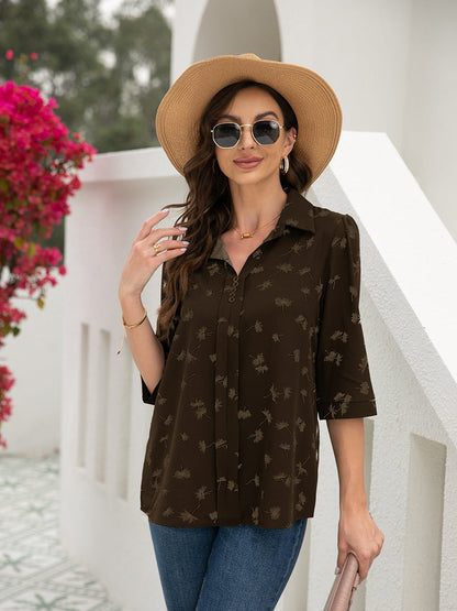 T-Shirts Button Floral Loose Sleeve T-Shirt - LuckyFash™