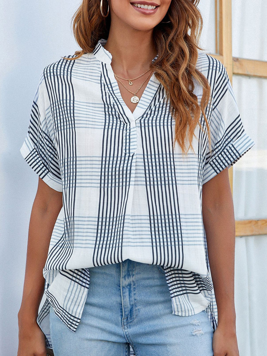 Blouses V-Neck Thin Loose Plaid Short-Sleeved Blouse - LuckyFash™