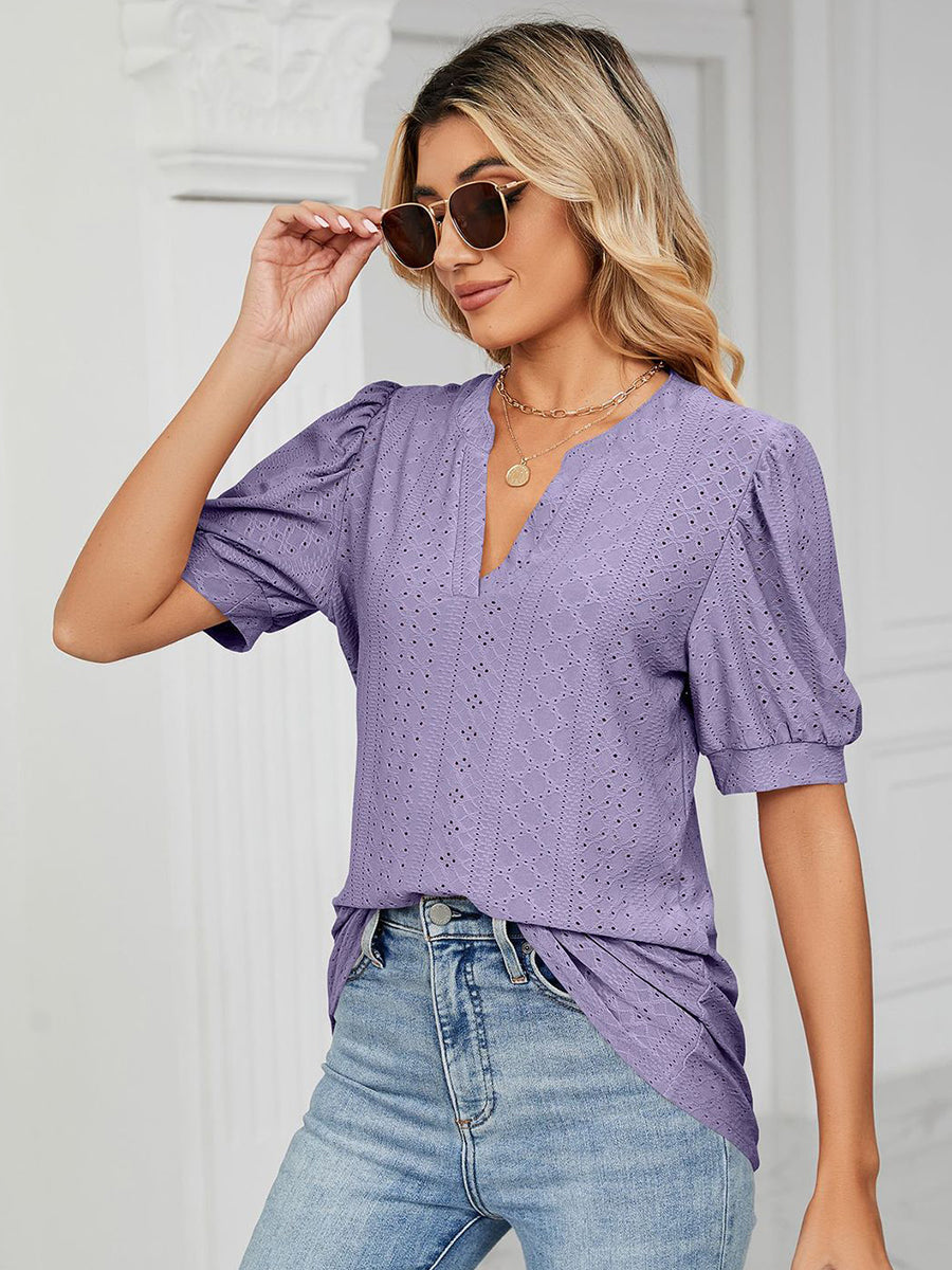 T Shirts Casual V Neck Hollow Puff Sleeve Loose T Shirt - LuckyFash™
