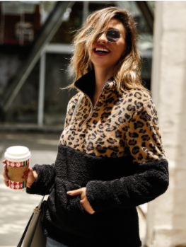 Zip Half Placket Leopard Teddy Pullover - LuckyFash™