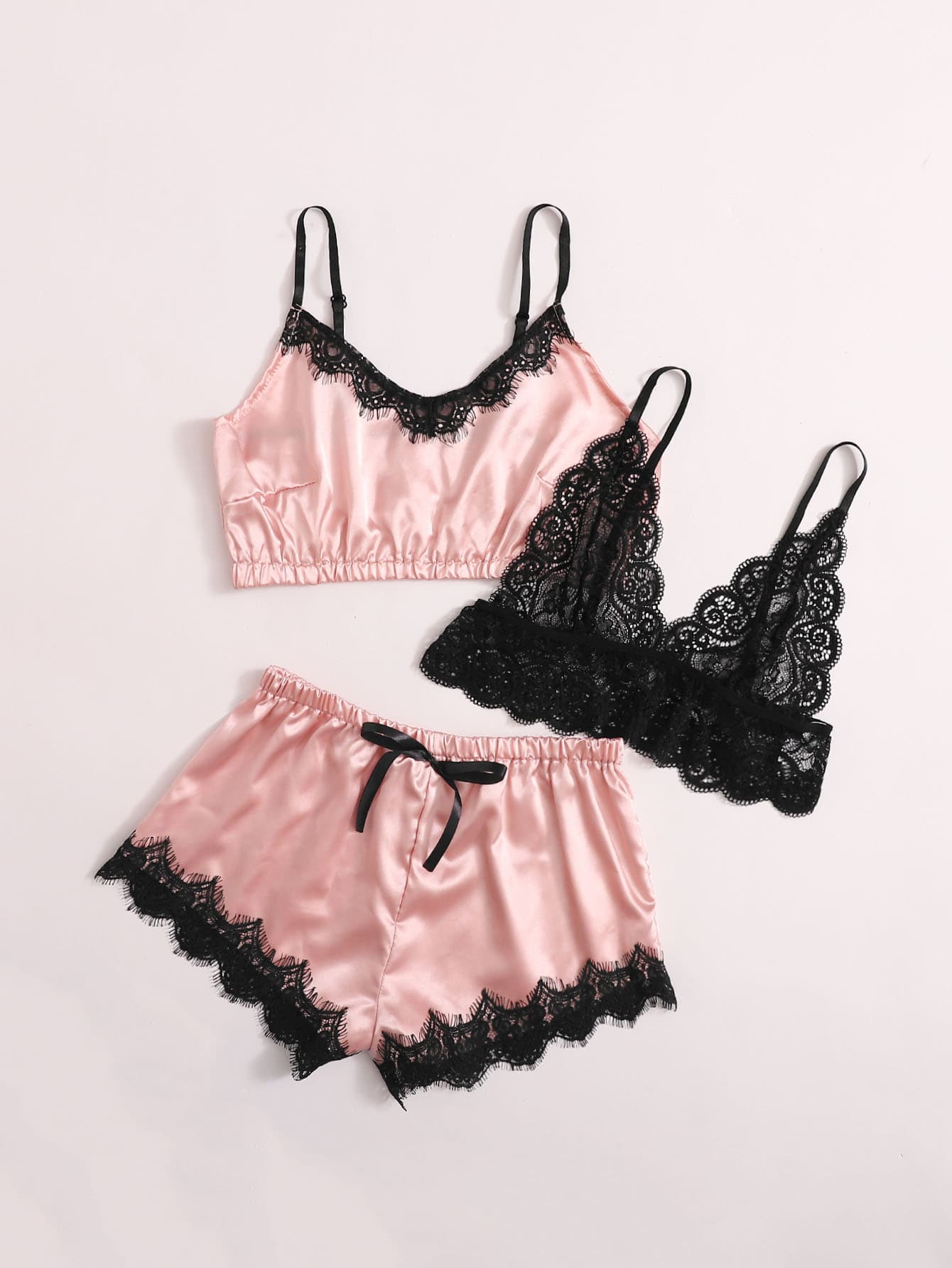 3pack Contrast Lace Satin Lingerie Sets - LuckyFash™